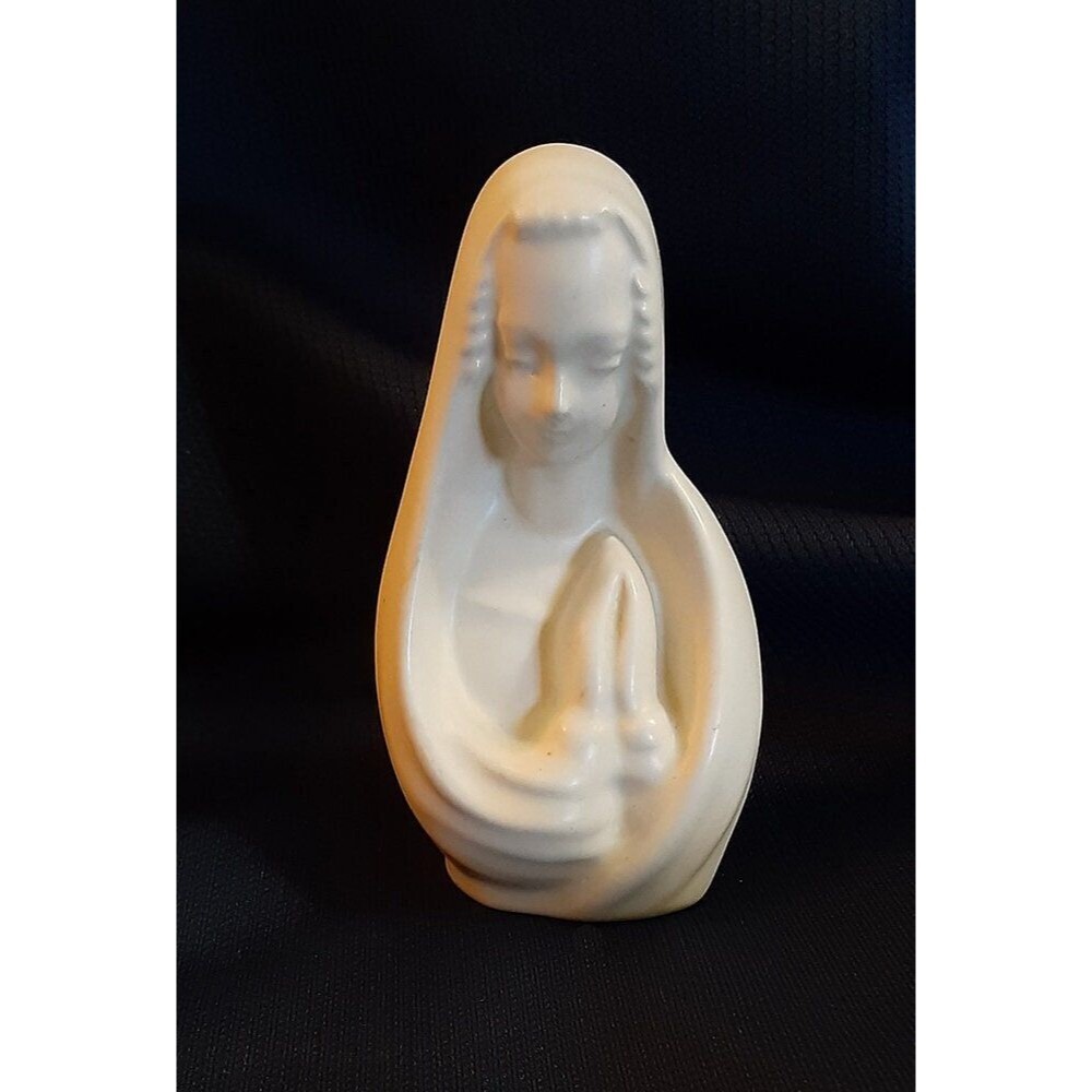Vintage MCM Madonna pottery figurine statue cream marked JC midcentury
